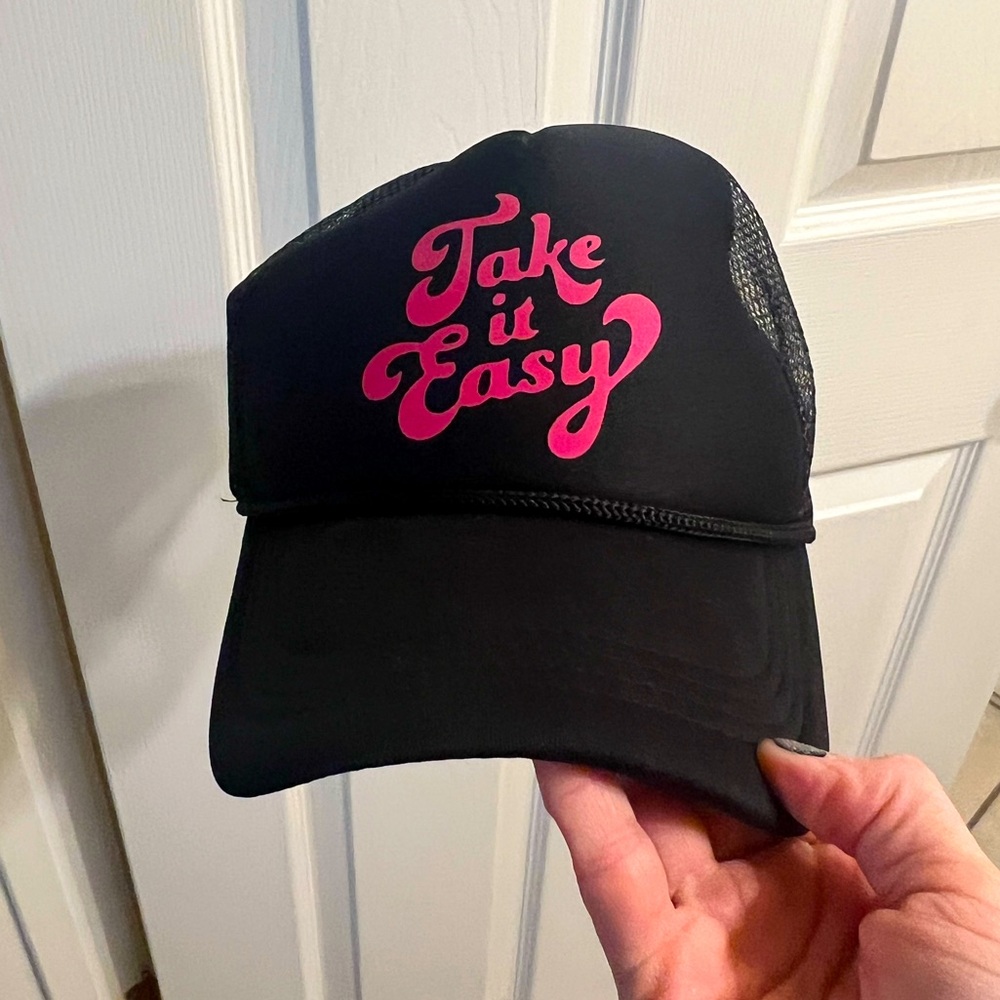 Black Trucker Hat with Pink 'Take it Easy' Design